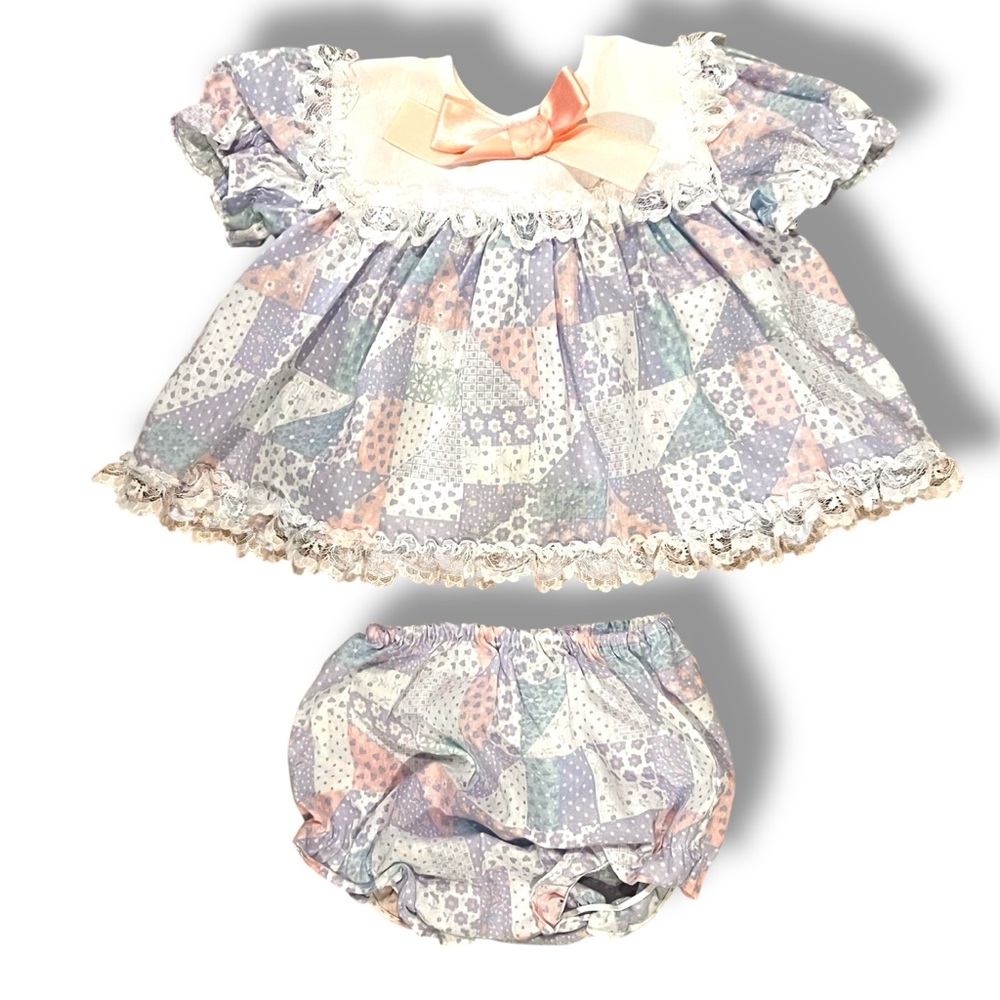 VTG Dress 80s Jewel Tone Mauve Blue White Lace Collar Trim Made In USA 0-6m NB